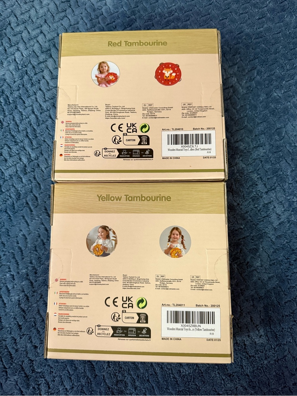 NIB - WoodenEdu Wooden Tambourine Toy Set (Red Fox & Yellow Bear) - Picture 2 of 11